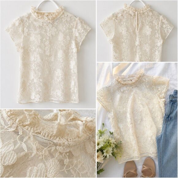 Endless Rose Tops - Endless Rose Sheer Floral Embroidered Mesh Blouse Ivory Ruffle Neck Sz S Fairy